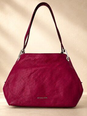 Michael Kors Raven Pebble Leather Tote Garnet Berry Silver Hardware